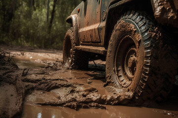 Rueda de un coche todoterreno 4x4 llena de barro mientras el coche va por un camino. AI generative