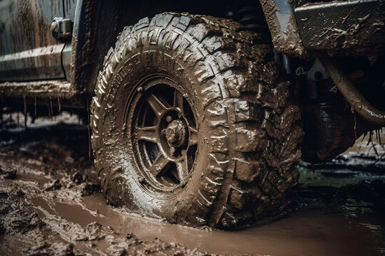 Rueda de un coche todoterreno 4x4 llena de barro mientras el coche va por un camino. AI generative