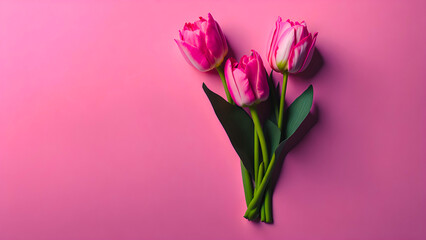 Spring tulip flowers on pink background top view in flat lay style. Greeting for Womens or Mothers Day or Spring Sale Banner. (Generative AI)