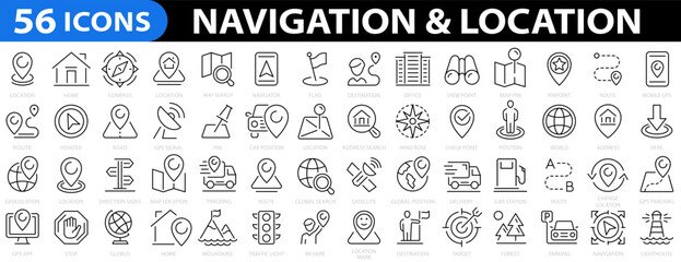 Fototapeta na wymiar Navigation & location 56 icon set. location, GPS, map, map pin, distance, place, navigation and address icons. Vector illustration.
