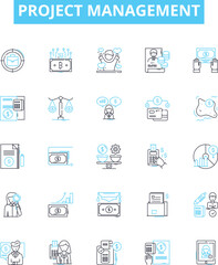 Project management vector line icons set. Planning, Managing, Scheduling, Tracking, Organizing, Budgeting, Risk illustration outline concept symbols and signs