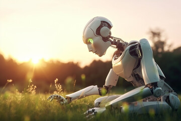 Fototapeta na wymiar White ai robot humanoid hand touching green grass at summer on sunset. Generative ai