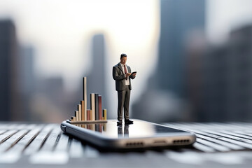 Miniature toy people figurine of businessman using smartphone, standing on phone screen with graphs of data on trading on stock exchange, created with Generative AI - obrazy, fototapety, plakaty