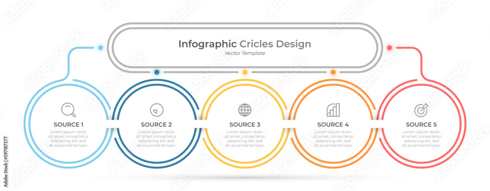 Wall mural presentation business infographic template. process label design with circles with 5 options or step