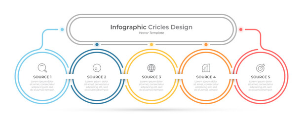 Presentation business infographic template. Process label design with circles with 5 options or steps. Vector illustration.