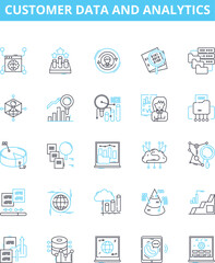 Customer data and analytics vector line icons set. customer, data, analytics, insights, profiling, segmentation, retention illustration outline concept symbols and signs