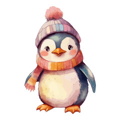 Watercolor Cute Penguin With Cotton Hat, and Scarf