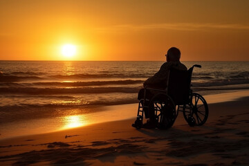 Fototapeta na wymiar Silhouette of joyful disabled man in wheelchair relaxing on the sandy beach on sunset at summer. Generative ai