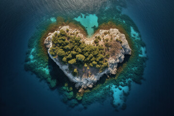 Areal top view of a small idyllic heart shaped island in the blue clear waters of the Mediterranean Sea, created with Generative AI technology