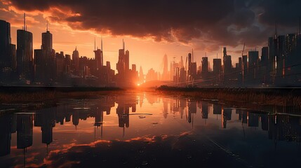Fototapeta premium Sunset Over Futuristic Metropolis: A Vibrant and Bustling Cityscape 1. Generative AI