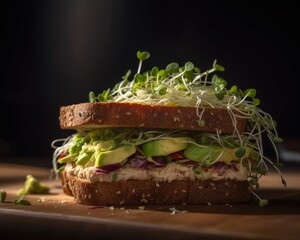 chicken salad sandwich on whole wheat bread with avocado and sprouts - obrazy, fototapety, plakaty