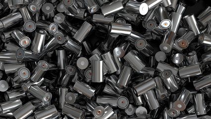 3d render 4680 Electric Car Batteries waste, accumulator cell recycling plant, Battery scrapyard,...