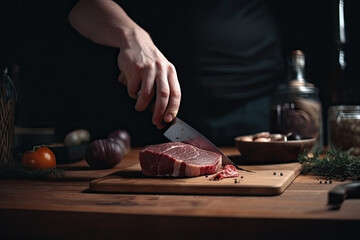 chef with a knife cutting a piece of meat on a wooden table and black background. Ai generative