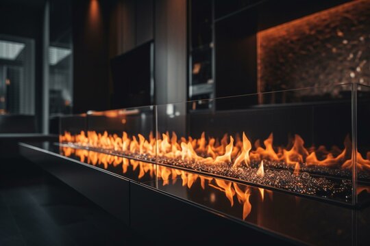 Blaze crackles in sleek condo hearth. Generative AI