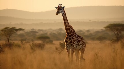 Majestic giraffe towering over savana. AI generated