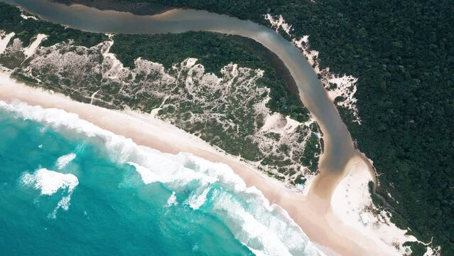 Aerial view of the sandy beach in Brazil. Lagoinha do leste beach and lagoon on the south of Brazil