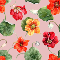 Floral seamless pattern with blooming nasturtium flowers, buds, green leaves. Bright pattern on a powdery pink background. Hand drawn watercolor illustration for fabric, textile, wallpaper, packaging.