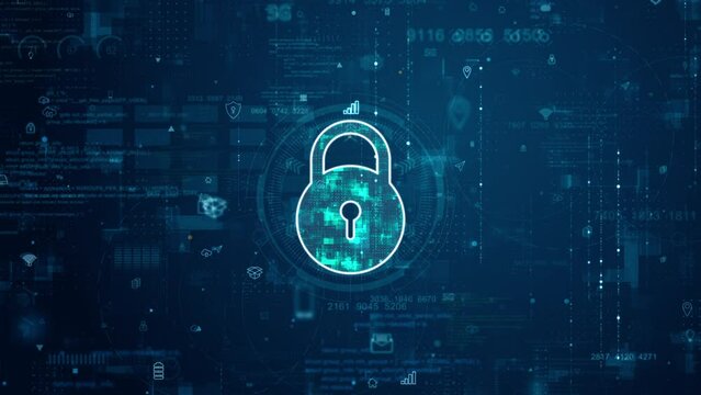 Motion graphic of Blue digital security key logo and futuristic circle HUD with big data processed on grid line background and technology ai icon screen abstract background network secure concepts