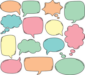 Set of hand drawn vector  speech bubble set in light pastel colors. 