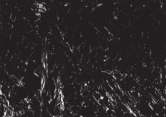 Polyethylene texture. Grunge effect. Transparent stretched cling film. Overlay grunge texture. Black and white vector background. Crumpled warp plastic. Defect, scuff template. Wrinkled packaging