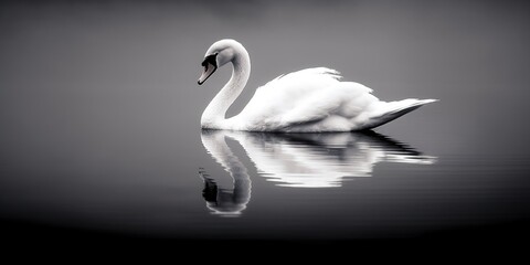 A graceful swan reflected in the still surface of an ethereal, monochromatic body of water, emphasizing its elegance and serenity, concept of Fluidity of motion, created with Generative AI technology