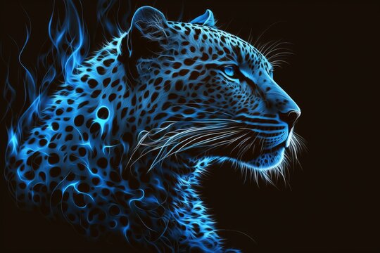 Leopard head made of blue flames