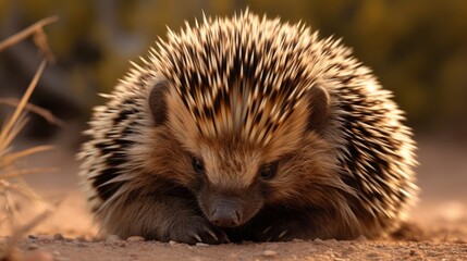 Fototapeta premium Prickly and defensive porcupine curling up. AI generated