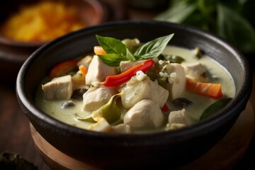 green curry with chunks of chicken and vegetables in a bowl