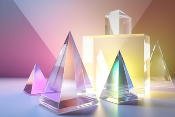 Various transparent glass geometric shapes or crystals with light diffraction of spectrum colors and complex reflection background. Pyramids, rectangle, cube and other shape objects. Generative AI