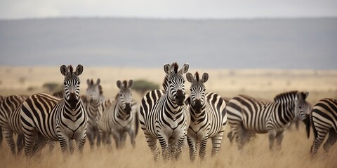 Fototapeta na wymiar A herd of zebras grazing on the savanna, concept of Animal behavior, created with Generative AI technology