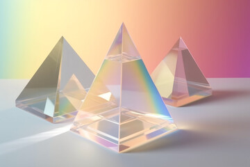 Various transparent glass geometric shapes or crystals with light diffraction of spectrum colors and complex reflection background. Pyramids, rectangle, cube and other shape objects. Generative AI