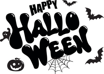 Happy Halloween. Vector cute illustration poster with happy halloween lettering with bats, spider web, ghost and pumpkin for postcard creation