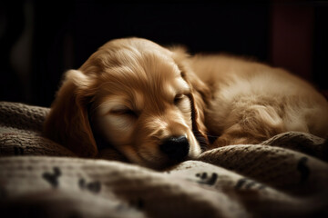 Image of cute brown puppy dog sleeping. Pet. Animal. illustration. Generative AI.