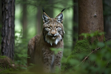 Fototapeta premium Image of a lynx or bobcat in the forest on natural background. Wild Animals. illustration. Generative AI.