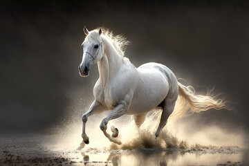 Naklejka na ściany i meble Image of a beautiful white horse is running on natural background. Wild Animals. illustration. Generative AI.