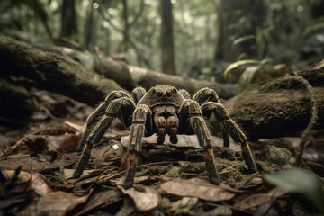 Image of tarantula spider in the forest on natural background. Insect. Wild Animals. illustration. Generative AI. - obrazy, fototapety, plakaty