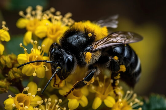 Image of honey bee sucking nectar on a yellow flower on natural background. Insect. Generative ai.