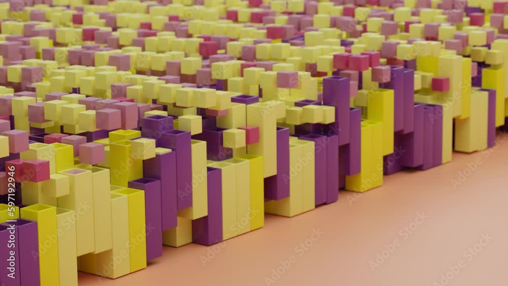 Poster loop 3d animation of an array of cubes flying out of square pipes. the cubes fly out and come back. 