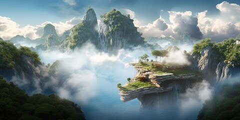 land above the clouds, china rock mountain in sky view by ai generative - obrazy, fototapety, plakaty