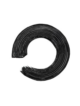 Black mascara circular texture, brush stroke isolated on white background. Cosmetic product swatch