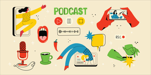 Concept of watching video online, podcast, talk show, tv application, live streaming. Hand holding smartphone with man with microphone on screen. Vector illustration in flat style