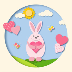 Colored summer vector illustration with pink funny bunny with hearts in a frame. Postcard in paper style. Design for invitation and greeting cards, posters.