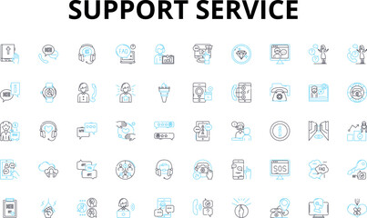 Support service linear icons set. Assistance, Help, Aid, Guidance, Counseling, Advice, Consultation vector symbols and line concept signs. Empathy,Understanding,Encouragement illustration