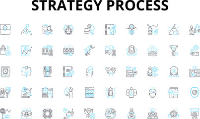 Strategy process linear icons set. Planning, Analysis, Execution, Alignment, Assessment, Tactics, Vision vector symbols and line concept signs. Objectives,Innovation,Integration illustration