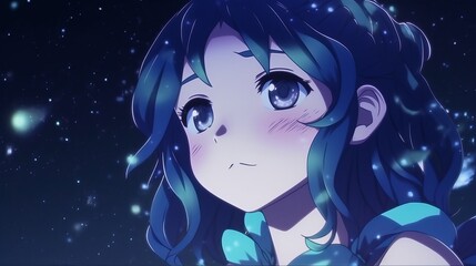 Very cute stargazing girl, Photorealistic anime, amazing blue color scheme, Swirly shapes, highly detailed, UHD, girl in the night, girl in the moonlight, wallpaper, Generative AI 