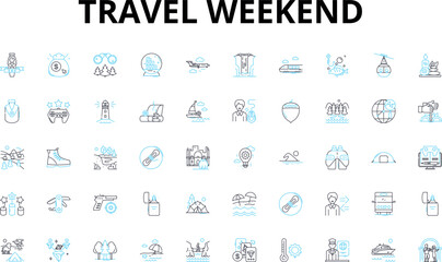 Travel weekend linear icons set. Escapade, Journey, Getaway, Excursion, Expedition, Trek, Adventure vector symbols and line concept signs. Roam,Tour,Explore illustration