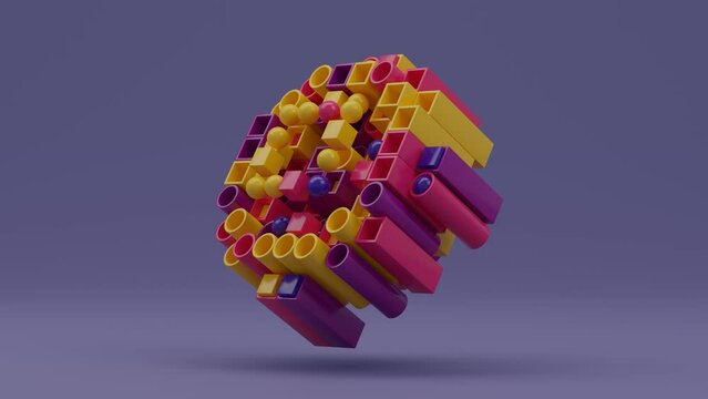 Loop 3d animation of a set of square and round pipes in motion. Cubes and spheres fly out of the pipes. Abstract composition, a beautiful combination of geometric shapes and their mutual movement.