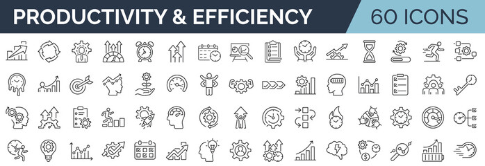 Set of 60 line icons related to productivity and efficiency. Outline icon collection. Linear business and leader symbols. Editable stroke. Vector illustration.  - obrazy, fototapety, plakaty