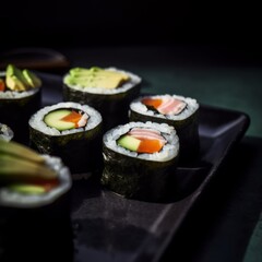 sushi rolls with fresh fish and avocado slices on a black plate