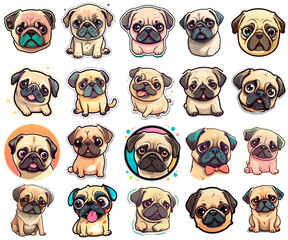 set of funny pug dog stickers - obrazy, fototapety, plakaty